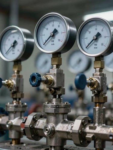 A close-up of high-precision industrial pressure gauges and steel valves on a manifold, cool high-contrast workshop lighting, sharp focus, 35mm lens
