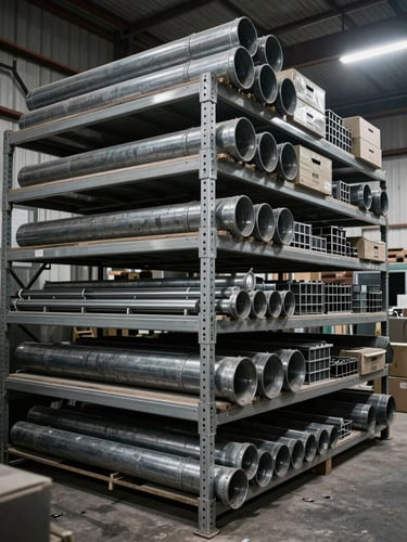 Wide shot of organized industrial warehouse shelving in Karachi, heavy steel pipes and boxed components neatly stacked under high-contrast workshop lighting.