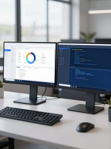 Bright modern tech workspace with dual monitors displaying test automation dashboards and code editors, soft daylight, 35mm photography