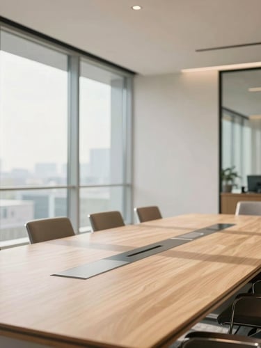 Bright high-end corporate boardroom with a long light walnut table, floor-to-ceiling glass partitions, natural daylight, soft shadows, 35mm photography