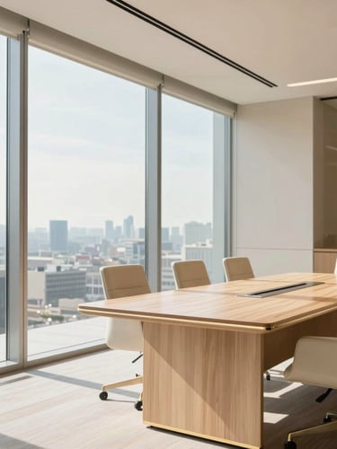 Bright high-end corporate boardroom with floor-to-ceiling glass partitions, natural daylight streaming onto a light walnut executive table, champagne gold hardware details, 35mm photography