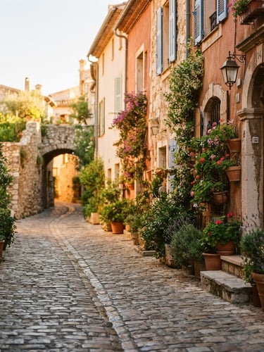 Wide panoramic view of a sun-drenched cobblestone alleyway in a European village, warm golden hour light, empty of people, with potted plants and charming architecture on the right side, shallow depth of field, 35mm film look