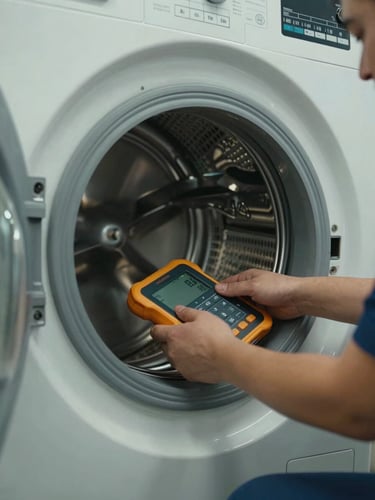 Wide environmental shot: uniformed technician's hands and forearms working on an open Challenger washing machine drum, diagnostic tool resting on the machine casing, serial number plate clearly visible, ambient workshop light from a side window, no face shown