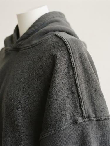 A striking asymmetric crop of a heavyweight charcoal hoodie draped on a minimalist mannequin, focusing on the dropped shoulder and fabric texture, against a stark ivory background. Editorial fashion photography, soft overcast daylight, muted ivory and charcoal tones, medium format film, 80mm.