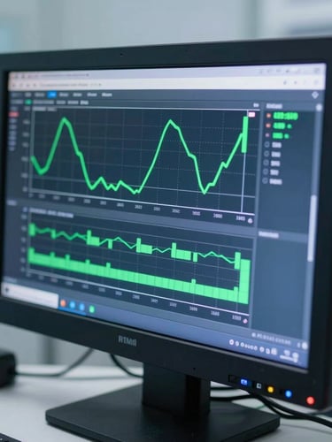 Close-up of a modern medical workstation screen showing clean network status graphs, clinical environment, cool daylight, sharp focus