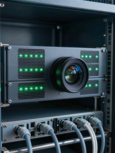 Industrial server rack cabinet with clean cable management, green status LEDs glowing, sharp focus, 50mm lens