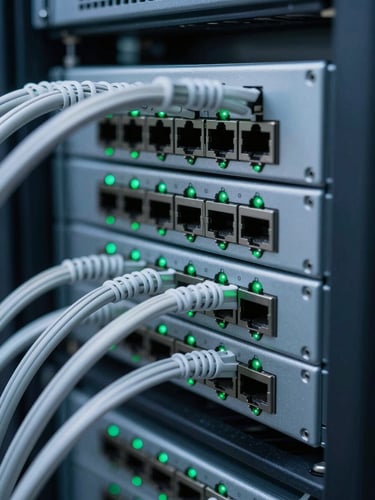 Macro close-up of server racks with clean cable management, active green indicator lights glowing on network switches, cool daylight, sharp focus, desaturated blues