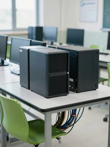 Wide environmental shot of a modern school computer lab, clean hardware, organized cabling under desks, bright natural light