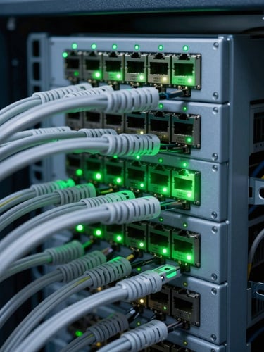 Macro close-up of a clean server rack with organized cat6 cabling, green active network status lights blinking in cool daylight, sharp focus on hardware, 50mm