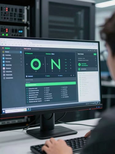 Focused IT professional analyzing clean dashboard interfaces on a monitor in a cool-toned, modern server room, sharp focus, 50mm