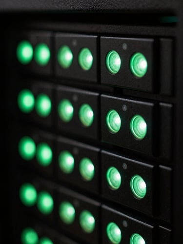 Macro close-up of light refractions on a dark glass server rack, glowing green signal lights, moody high-contrast technical photography, 35mm