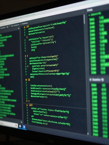 Macro close-up of a high-end monitor displaying green lines of code and data dashboards, moody technical lighting, high-contrast, deep charcoal and neon green tones, 35mm.