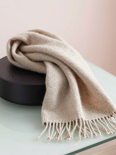 Close-up of a custom-woven wool scarf draped elegantly over a sleek, matte-black smart home hub on a frosted glass surface, soft natural light, pastel-toned minimalist background