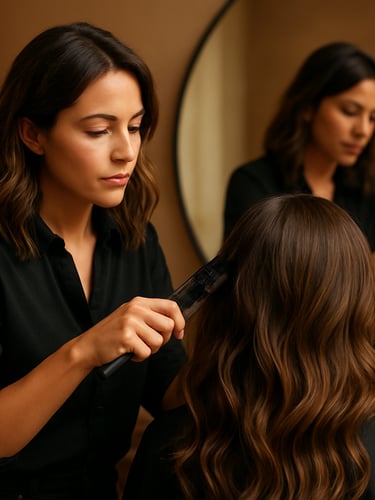 A professional female beauty stylist texturing hair, warm indoor studio lighting, over-the-shoulder mirror reflection, 35mm lens