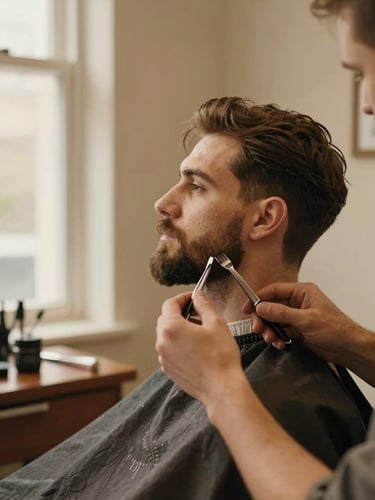 A master barber detailing a sharp beard line with styling tools on a wooden station, warm amber tones, 35mm lens