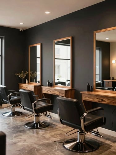 Wide environmental shot of the clean, welcoming salon interior with dark charcoal walls, rich amber wooden accents, and warm studio lighting reflecting off mirrors.