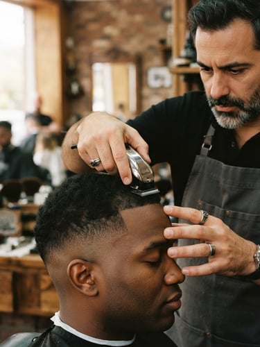 A close-up of a master barber performing a precision fade, warm natural window light, rich amber and charcoal tones, 35mm lens