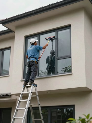 Wide environmental shot of a two-story residential home exterior, window cleaner on a ladder cleaning upper-floor glass with a squeegee, water trickling down the pane, overcast mid-day natural light