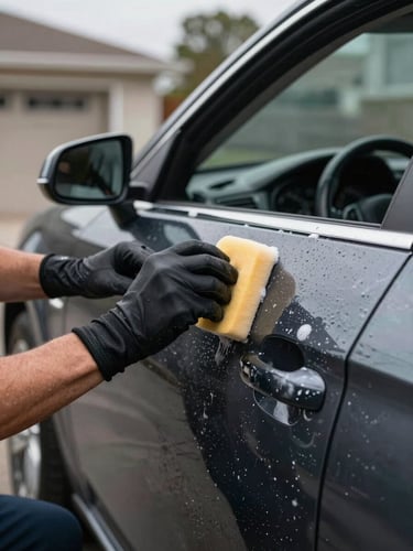 Close-up of a technician's gloved hands using a foam applicator on a car door panel in a residential driveway, soapy suds visible on the dark paint, natural overcast daylight, full work-in-progress honesty