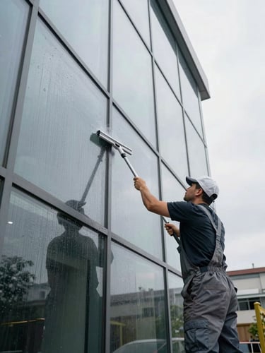 Wide environmental shot of a professional cleaner mid-work on a large building facade, squeegee on wet glass, natural overcast daylight, full job site visible, no staging