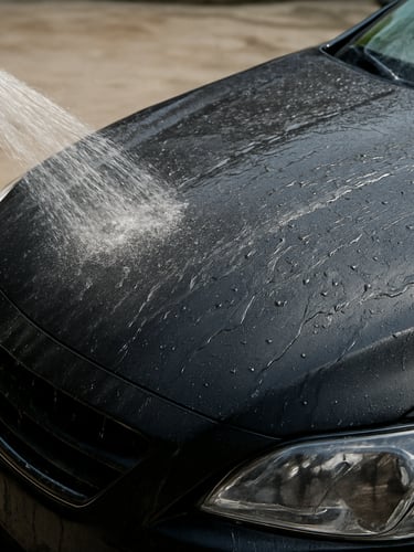 Close-up of a car hood being rinsed in a residential driveway, water sheeting off the dark paint, a hose nozzle visible at the upper left edge, natural mid-day sunlight casting no harsh shadows, the driveway concrete visible below