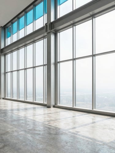 Sharp architectural photo of a newly finished modern building interior, polished concrete floors reflecting bright daylight, clean stainless steel frames, pristine windows