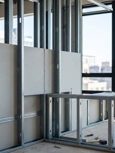 Close-up of structured steel framing and drywall installation in progress, bright natural daylight streaming through window openings, sharp architectural details