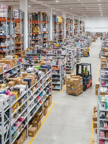 Wide shot of an organized Yiwu warehouse interior, shelves stacked with various consumer goods, clean and brightly lit, with a forklift moving a pallet in the background, sharp focus, 50mm lens
