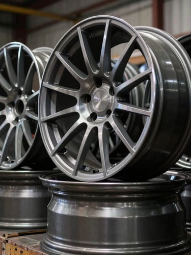 Tight macro shot of premium multi-piece wheel faces stacked in a clean, high-contrast Detroit warehouse, dramatic side-lighting emphasizing metallic contours