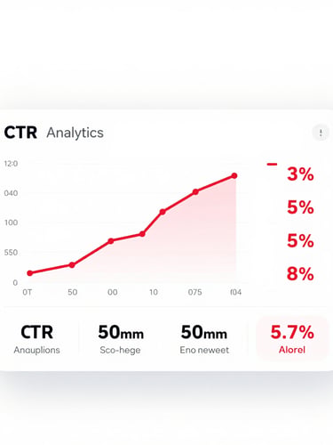 Front-on clean UI mockup of a creator analytics dashboard on a stark white background, showing CTR growth curves and high-contrast red metrics, 50mm lens, bright high-key studio lighting