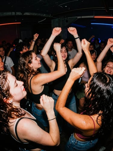 Low-angle fisheye flash photography of a packed underground 90s street party, sweat-glistening crowd dancing under high-contrast neon club lighting, deep shadows.