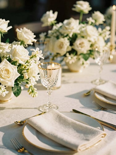 Editorial close-up of a luxury wedding table setting, gold-rimmed crystal glasses, heavy ivory linen napkins, architectural floral arrangements with white roses and jasmine, soft candlelight, warm golden hour, 35mm photography