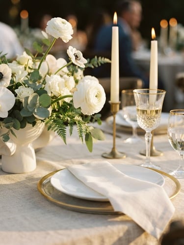 Close-up of a luxurious, minimal table setting with gold-rimmed crystal glasses, ivory taper candles, and architectural white floral arrangements under warm evening light, 35mm