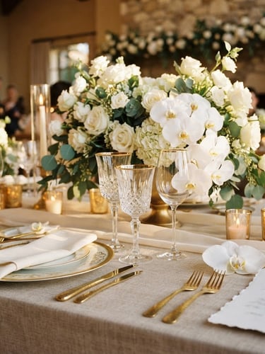 Close-up of a premium wedding table setup, heavy linen tablecloth, delicate gold-rimmed crystal glasses, architectural floral design with white orchids, warm candlelight, 35mm editorial photography.