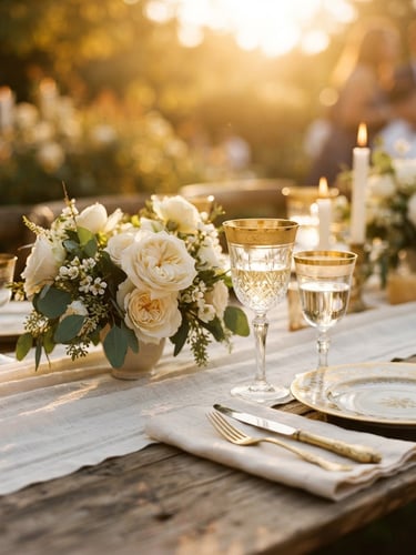 Warm editorial photography, golden-hour natural light, a close-up of a luxury table setting with gold-rimmed crystal glasses and ivory roses, shallow depth of field