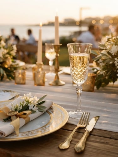 An elegant, close-up editorial shot of a luxury wedding table setting in Mersin, warm golden hour light reflecting off crystal glassware, delicate white jasmine and gold accents, shallow depth of field, 35mm