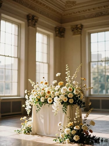Architectural floral installation in a grand historic hall, high ceilings, warm golden hour light streaming through tall windows, soft shadows, luxury event setup, editorial 35mm.