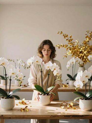 An elegant portrait of a floral designer arranging high-end white orchids and golden branches in a minimalist, sunlit high-ceiling atelier, warm editorial photography, 35mm.