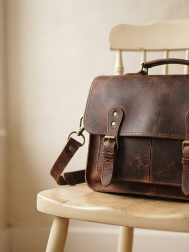 minimalist product photography of a premium vintage leather bag on a warm cream wooden chair, soft natural daylight, negative space on the left, 50mm