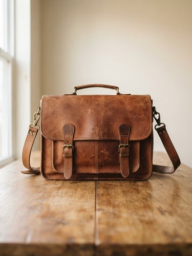 Minimalist product photography of a vintage leather bag placed neatly on a wooden table, soft natural daylight, warm neutral background, crisp details, realistic textures, 50mm