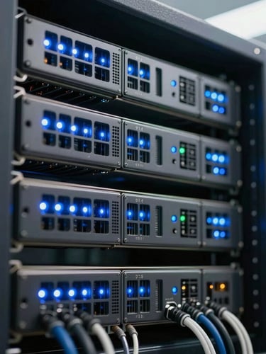 Macro close-up of a high-performance computing server rack, clean blue indicator lights, structured cabling, clinical laboratory environment.