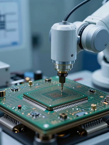 Macro close-up of a cleanroom robotic arm assembling a silicon microchip, cool clinical blue and green lighting, precise technical blueprint aesthetic.
