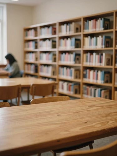 A quiet, warm editorial photograph of a sunlit community library, soft focus on wooden tables and bookshelves, natural daylight, 35mm.