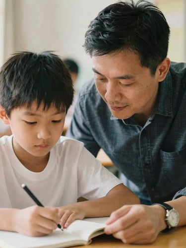 A close-up candid photo of a mentor guiding a young student in a sunlit classroom, warm 35mm editorial style, shallow depth of field.