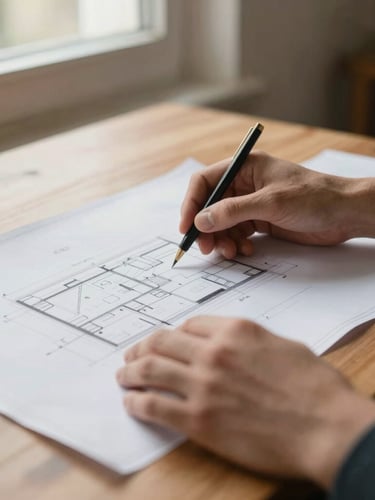 A close-up candid shot of hands reviewing architectural blueprints on a wooden table, warm natural light streaming from a window, shallow depth of field, 35mm.