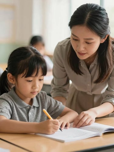 Candid medium shot of an educator guiding a young student in a bright, sunlit classroom, warm natural light, shallow depth of field, 35mm.