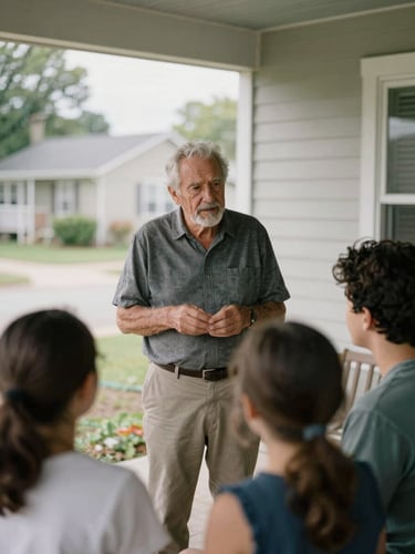 A warm, natural light portrait of an elder community leader speaking with a young family on a neighborhood porch, rich muted tones, candid 35mm style.