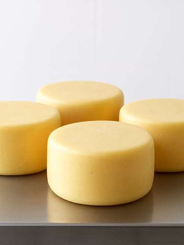 Straight-on commercial product shot of pristine wholesale cheese wheels on clean stainless steel, bright natural daylight, crisp white background.