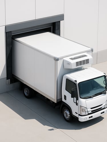 Overhead clean view of a modern refrigerated delivery truck parked at a pristine warehouse loading dock, bright daylight, sharp focus, technical B2B supply chain style
