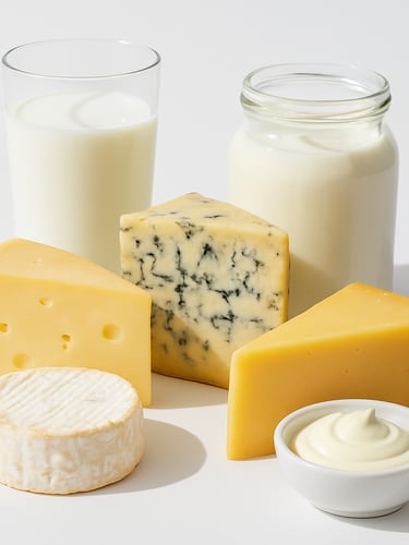 Straight-on product shot of bulk gourmet cheeses and premium dairy products arranged neatly on a crisp white background, bright natural daylight, sharp focus, 50mm lens.
